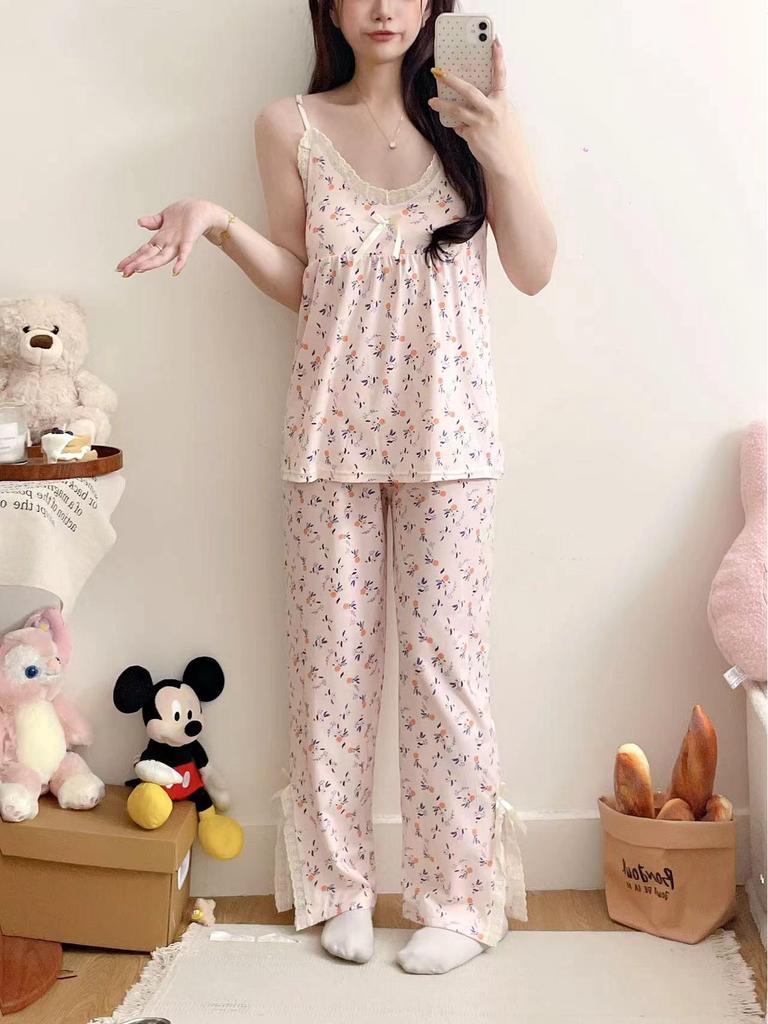 2023 Summer Women's Retro Floral Spaghetti Strap Long Pants Pajamas