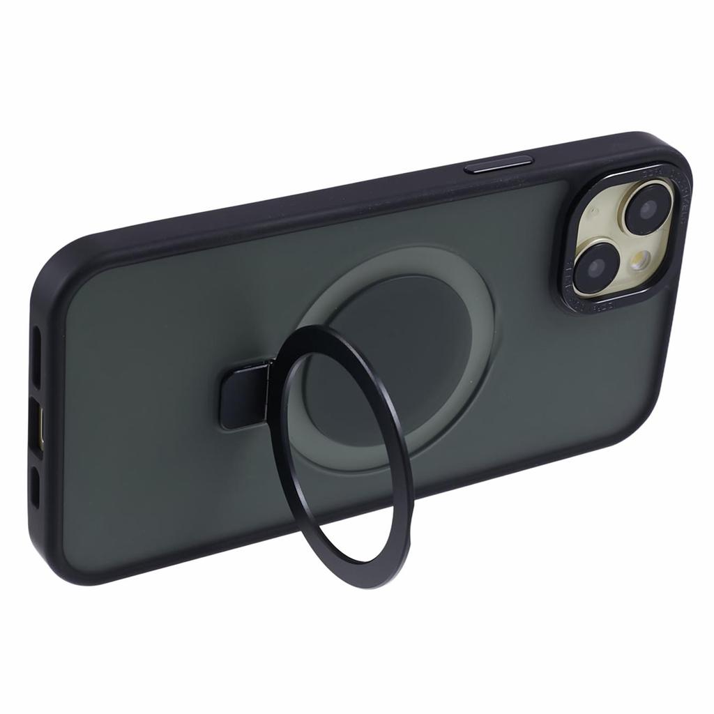 For iPhone 15 Plus Skin-touch Phone Case Kickstand Design TPU+PC+Magnet+Metal Shell Compatible with MagSafe