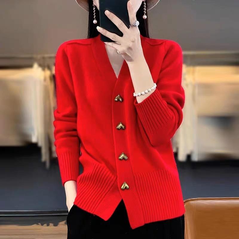 

Autumn Winter Solid Minimalist Knit Top Heart Button V Neck Womens Cardigan Loose Sweater 2XL красный