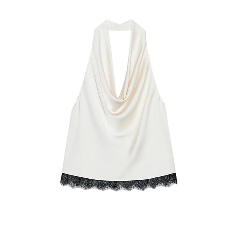 

Za Set Lace Trim Satin Hanging Neck Collar Top 3532896 High Waist Midi Skirt 3530896 White Tops L