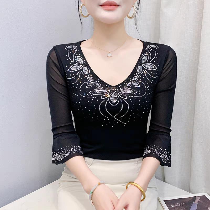 Summer Streetwear Women's Tops Shirt Elegant Slim V-Neck Hot Diamonds Mesh T-Shirt Flare Sleeve Slim Tees