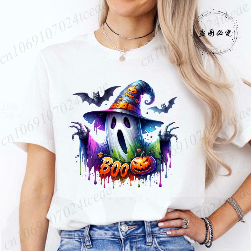 Women Cute Spooky Witch Print T Shirt Graphic Harajuku Streewear Halloween Horror Graphic Tee Clothes Causal Female Y2K Tops Tee