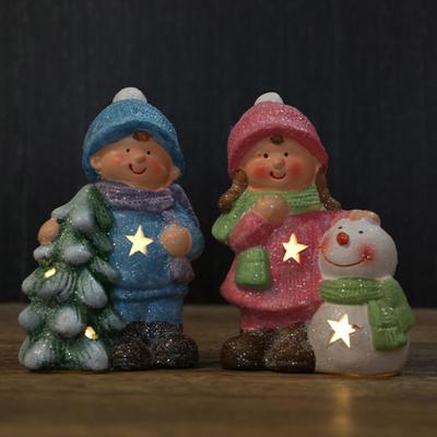 Yousheng Lighted Ceramic Christmas Figurine Cute Light Up Boy Girl Tree Snowman Statue for Holiday Winter Indoor Mantel Tabletop Fireplace Decor