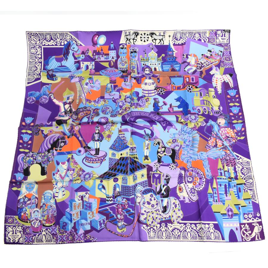 [USED]Like New Hermes Carre 90 Large Scarf ZABAVUSHKA Russian Doll Silk Purple Multi HERMES 100%