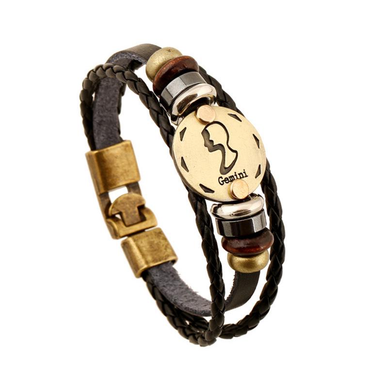 12 Constellations Multi Layers Leather Cuff Chain Bracelet Jewelry for Women Men Birthday Valentines