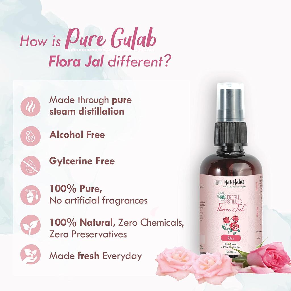 Nat Habit 100% Pure Gulab Jal Steam Distilled Face Toner And Hydrating Rose Water Mist For Natural Glowing Skin 100 Ml
