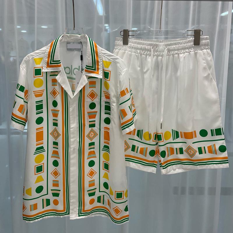 2024 Summer European & American Trendy Men's Color Block Print Shirt & Shorts Set