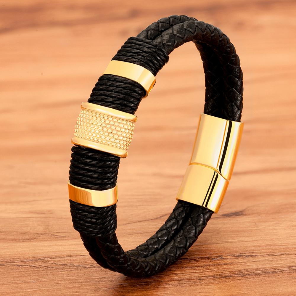 Woven Leather Rope Wrap Special Style Classic Stainless Steel Men's Leather Bracelet Double-layer Design DIY