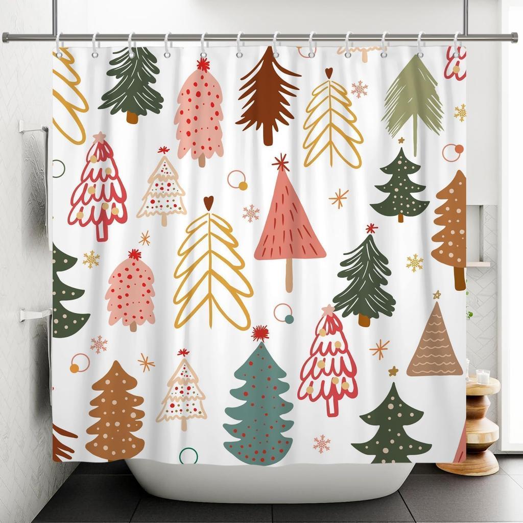 Abstract Boho Christmas Tree Shower Curtain With Mid-Century Snowflakes Design, Waterproof Bathroom Decor Set For Holiday Style