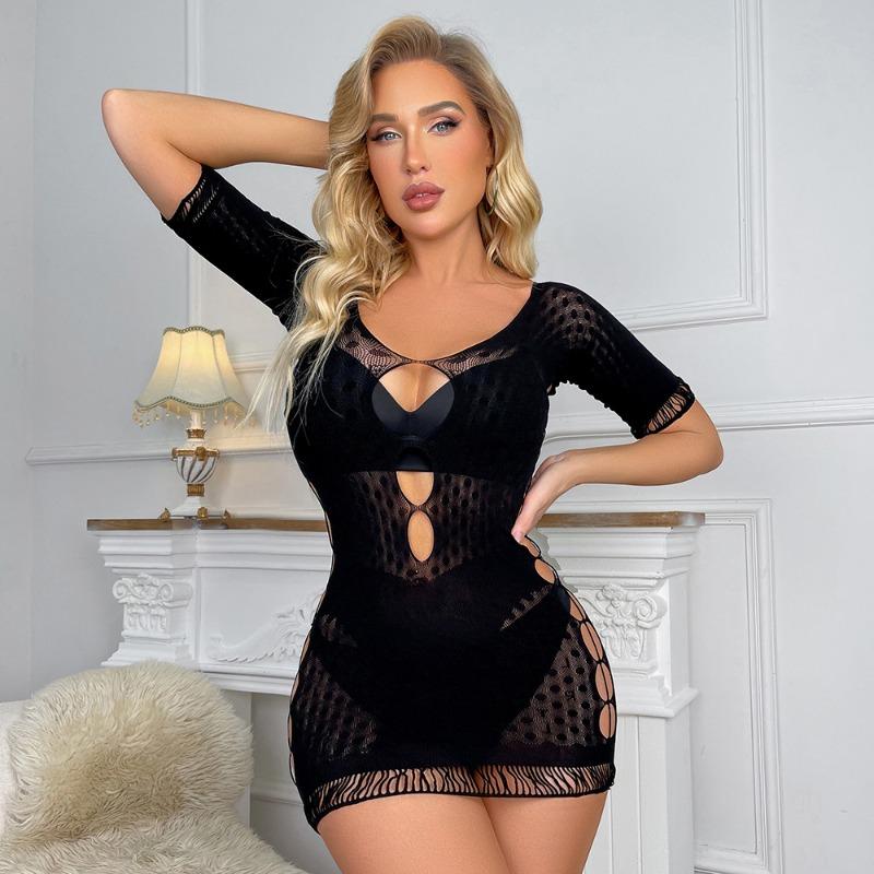 Sex Underwear Women's Sexy Black Hollow Hip Wrap Skirt Mesh Long Sleeve Jacquard Perspective