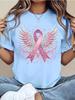 Women Breast Cancer Awareness Ribbon and Angel Wings Print TShirt Crew Neck Casual Top for Spring Summer and Fall Everyday Wear