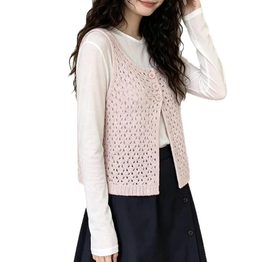 Women's Sleeveless Knit Cardigan Vest - Spring/Autumn Layering Tank with Hollow Out Design