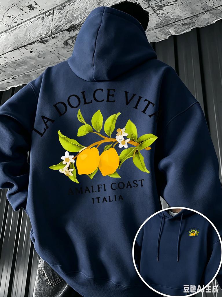 Retro italienischer Herren-Hoodie mit Zitronenmuster von der Amalfiküste und dem Slogan "Sweet Life", lässiges Streetwear-Langarm-Sweatshirt.