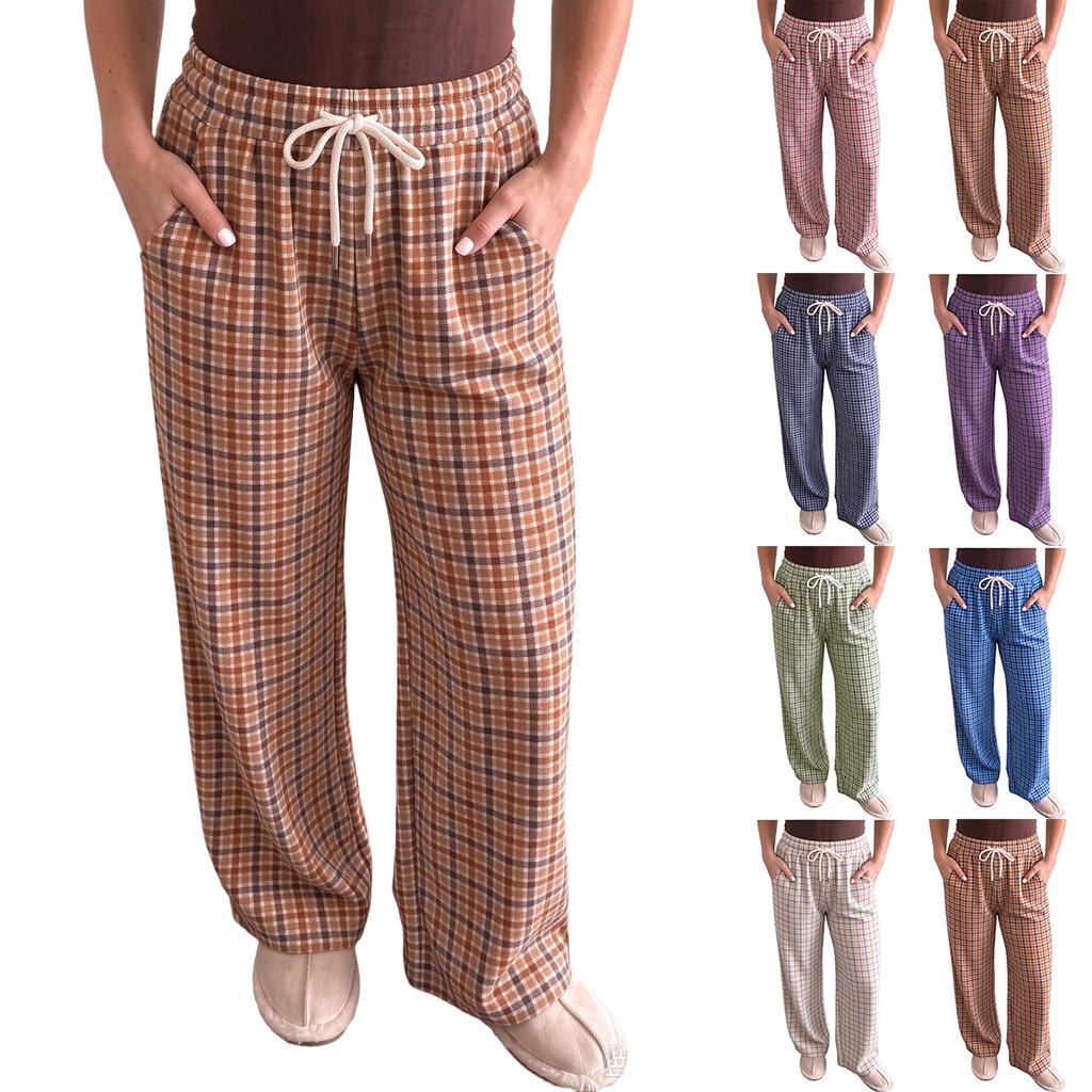 Women's Casual Plaid Straight Leg Pants Comfortable Relaxed Fit for Daily Wear and Outings