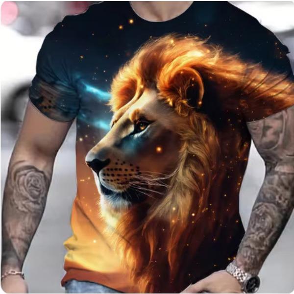Summer Casual Men's Clothing Oversized Loose Lion Pattern Printed Short Sleeved Round Neck Fitness T-shirts