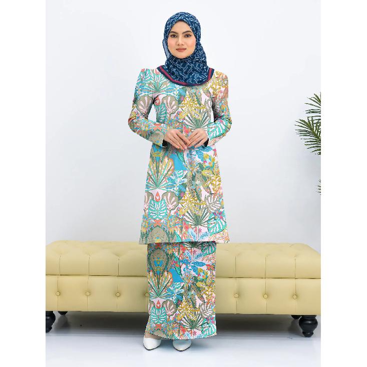 

2025 новый дизайн набивной узор высококачественная ткань Kulang Pahang женский мусульманский костюм удобный дышащий элегантный милая серия женский комплект из двух частей 3XL золотой