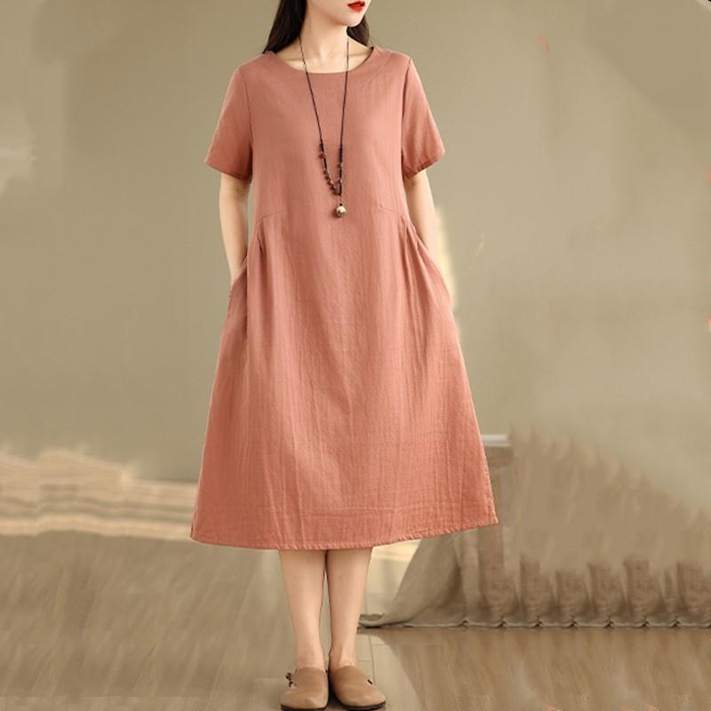 

Короткий рукав Плюс размер Хлопок лен винтажный цветочный новый в платьях для женщин повседневное свободное длинное летнее платье XXL розовый