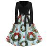Women's Casual Vintage V-Neck Long Sleeve Dress with Christmas Print