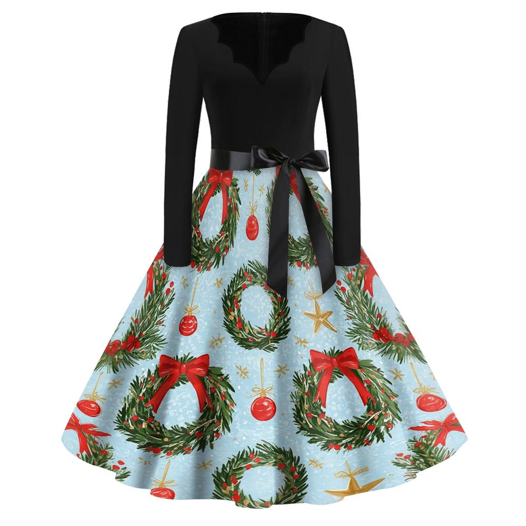Women's Casual Vintage V-Neck Long Sleeve Dress with Christmas Print