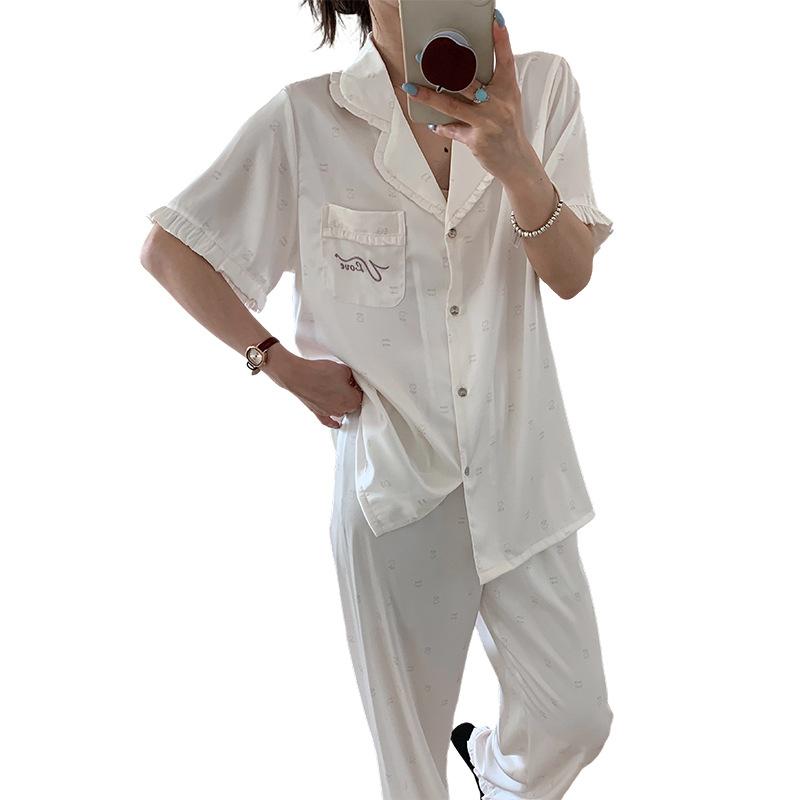 1011 new pajamas women's summer ice silk short-sleeved trousers set Korean fresh cartoon printed loungewear