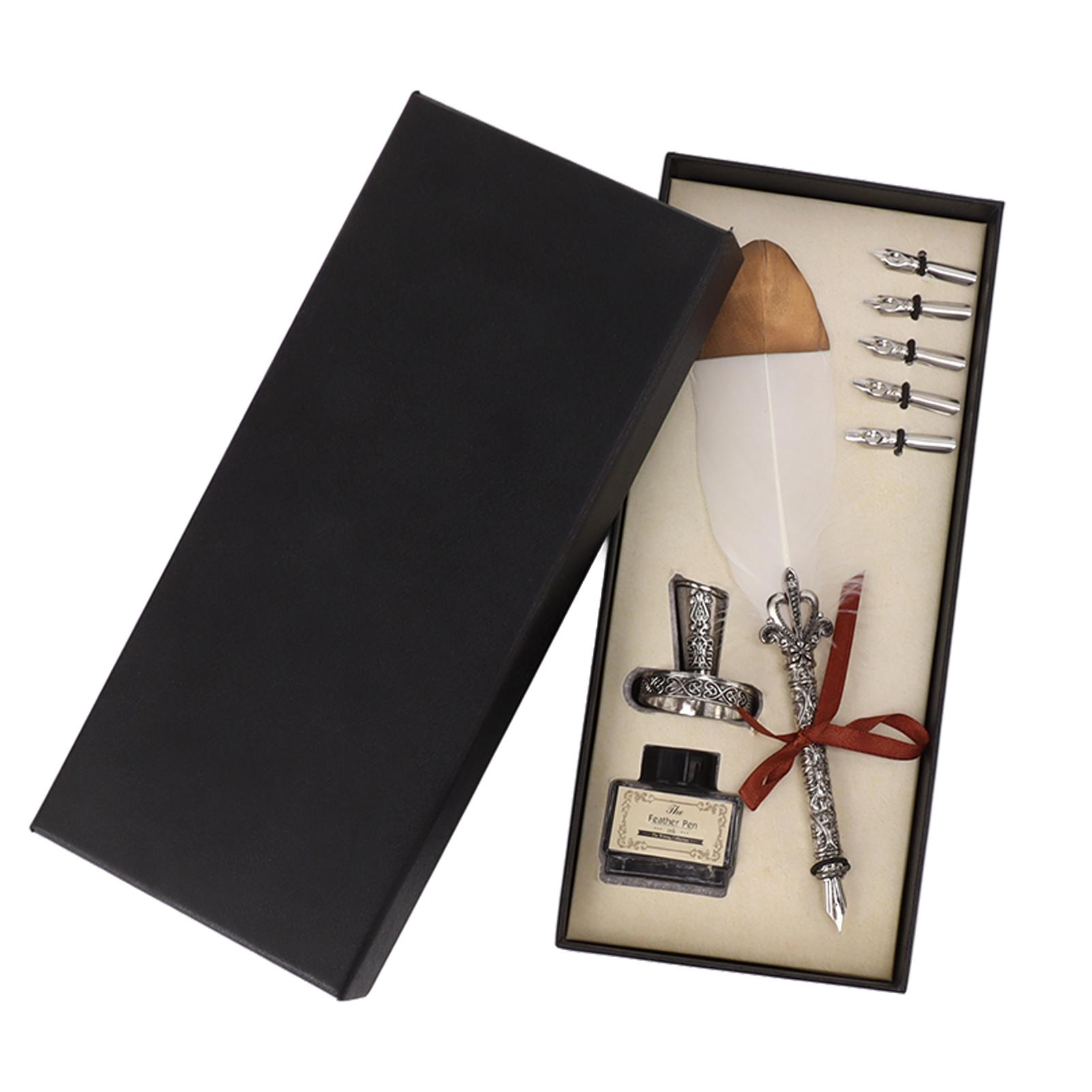Quill Pen Set Antique Exquisite 5 Replacement Nibs Feather Pen with Ink Bottle for Men Women