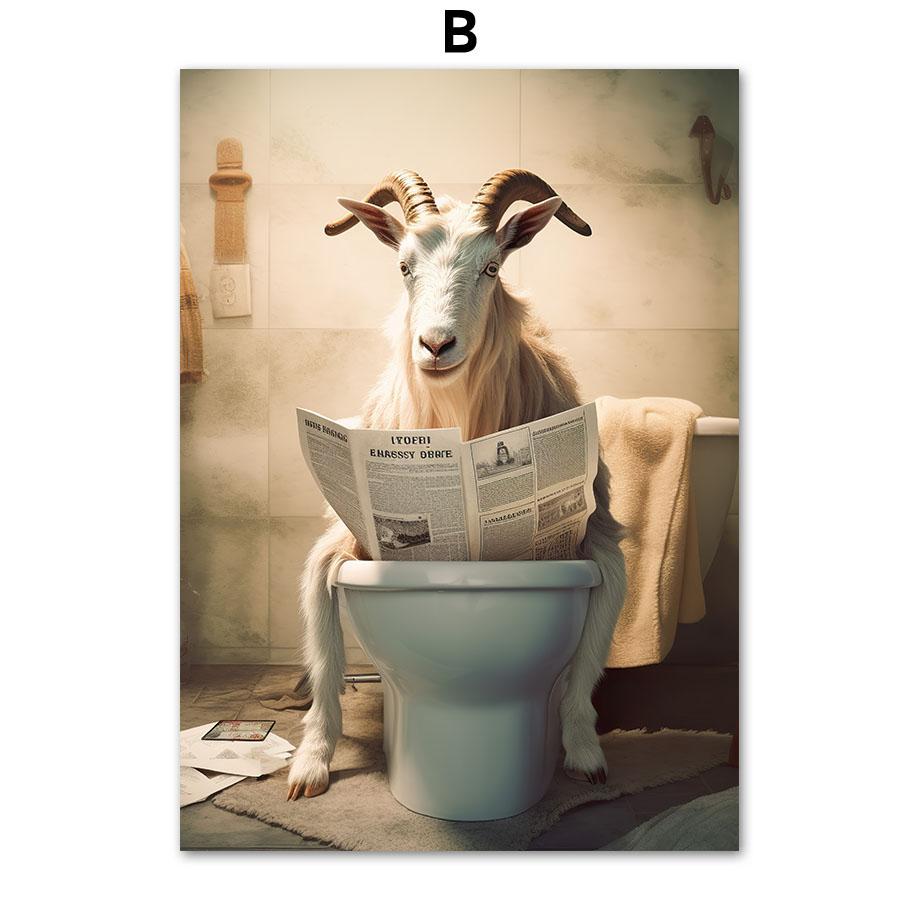 Funny Bathroom Humor Wall Decor Lion Leopard Tiger Sitting On The Toilet Reading A Newspaper Poster Art Print Canvas Painting