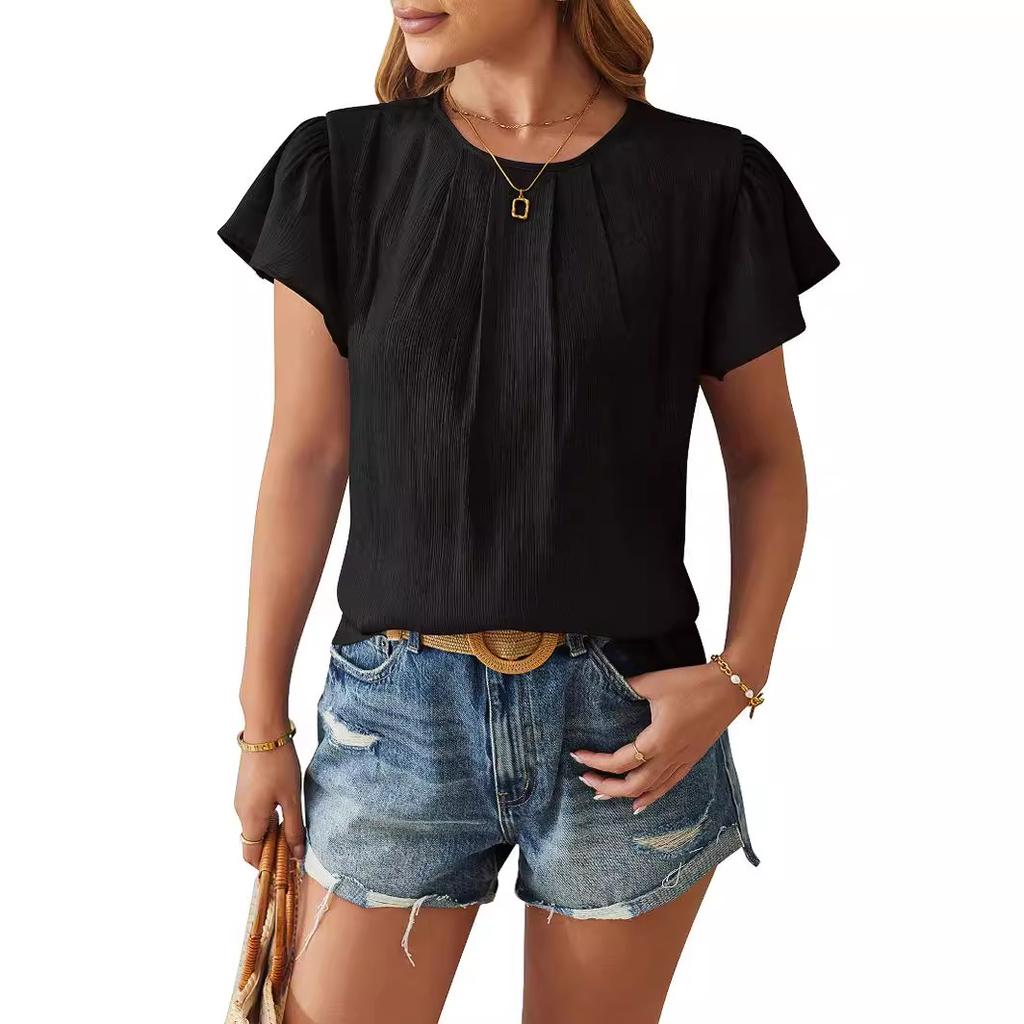Women's Short Sleeve Ruffle Neckline Casual Blouse Multi Color