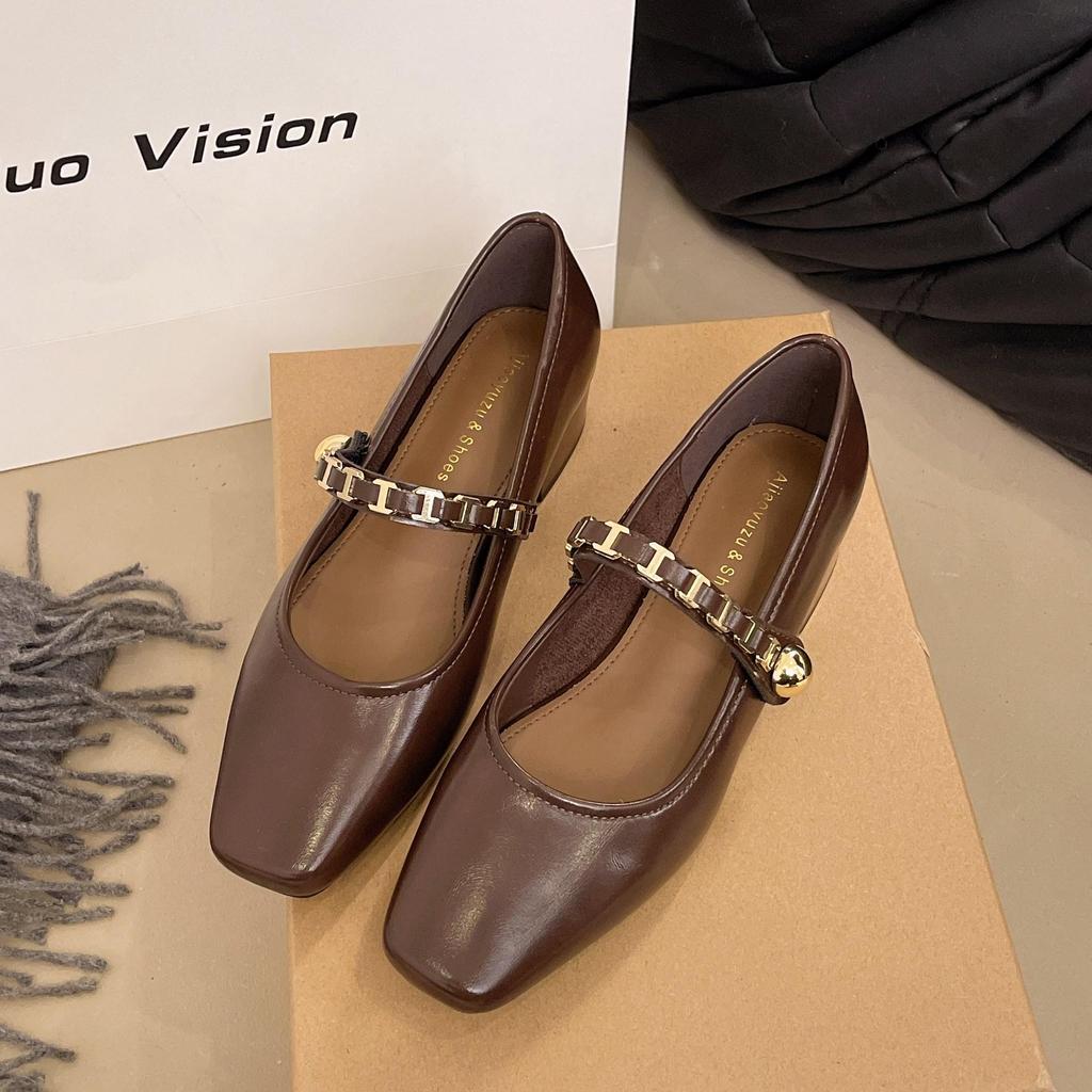 Women's French Retro Square-Toe Mary Janes - Spring Fashion Chain Chunky Heel Low-Cut Leather Shoes