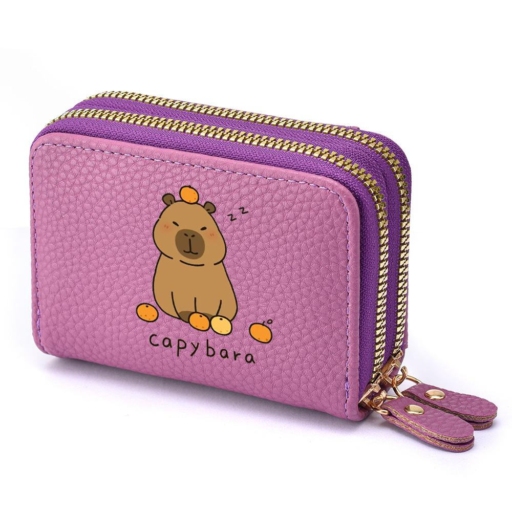 PU Leather Double Zipper With Photo Window Credit Card Holder Women, Cute Cartoon Print Ladies Perfect Birthday Gift