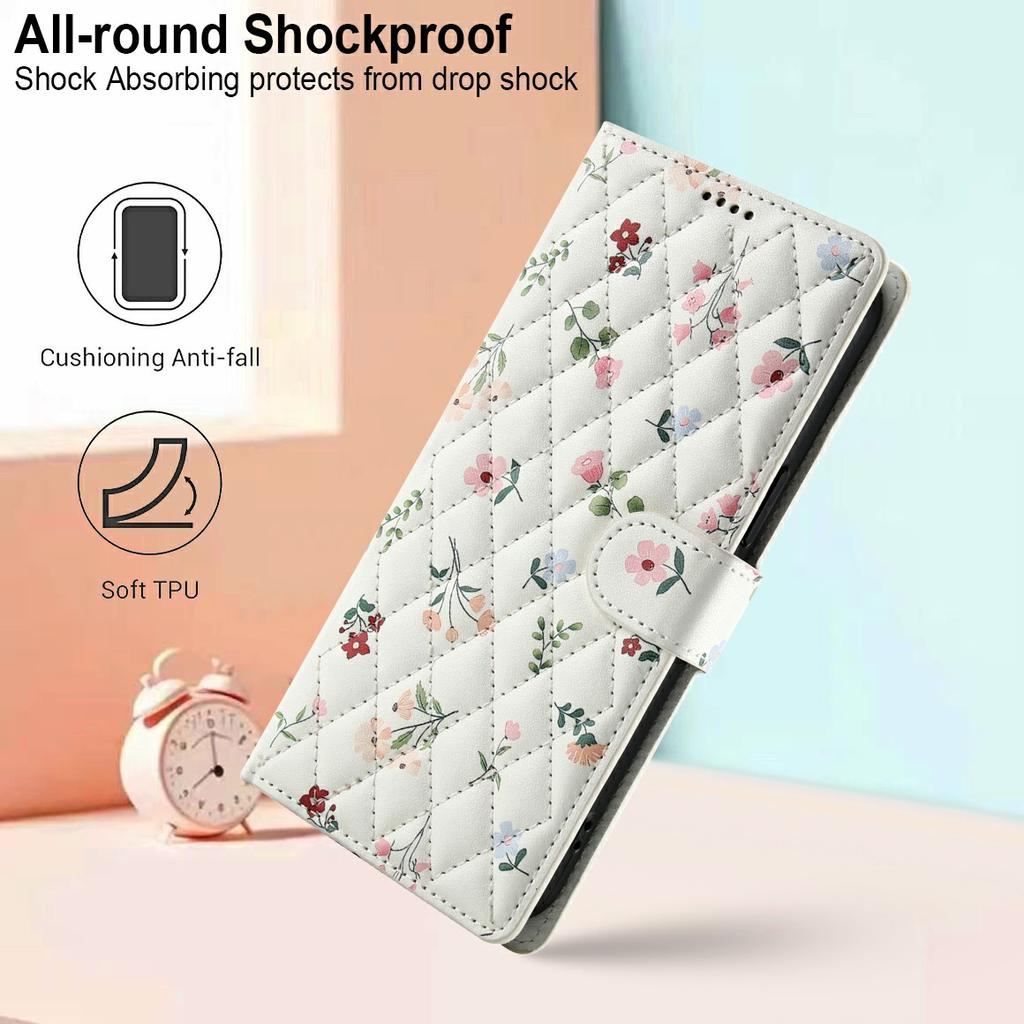 For Samsung Galaxy A25 5G (Global) (161.0 x 76.5 x 8.3mm) Wallet Case Rhombic Floral Design Leather Flip Phone Cover with Strap