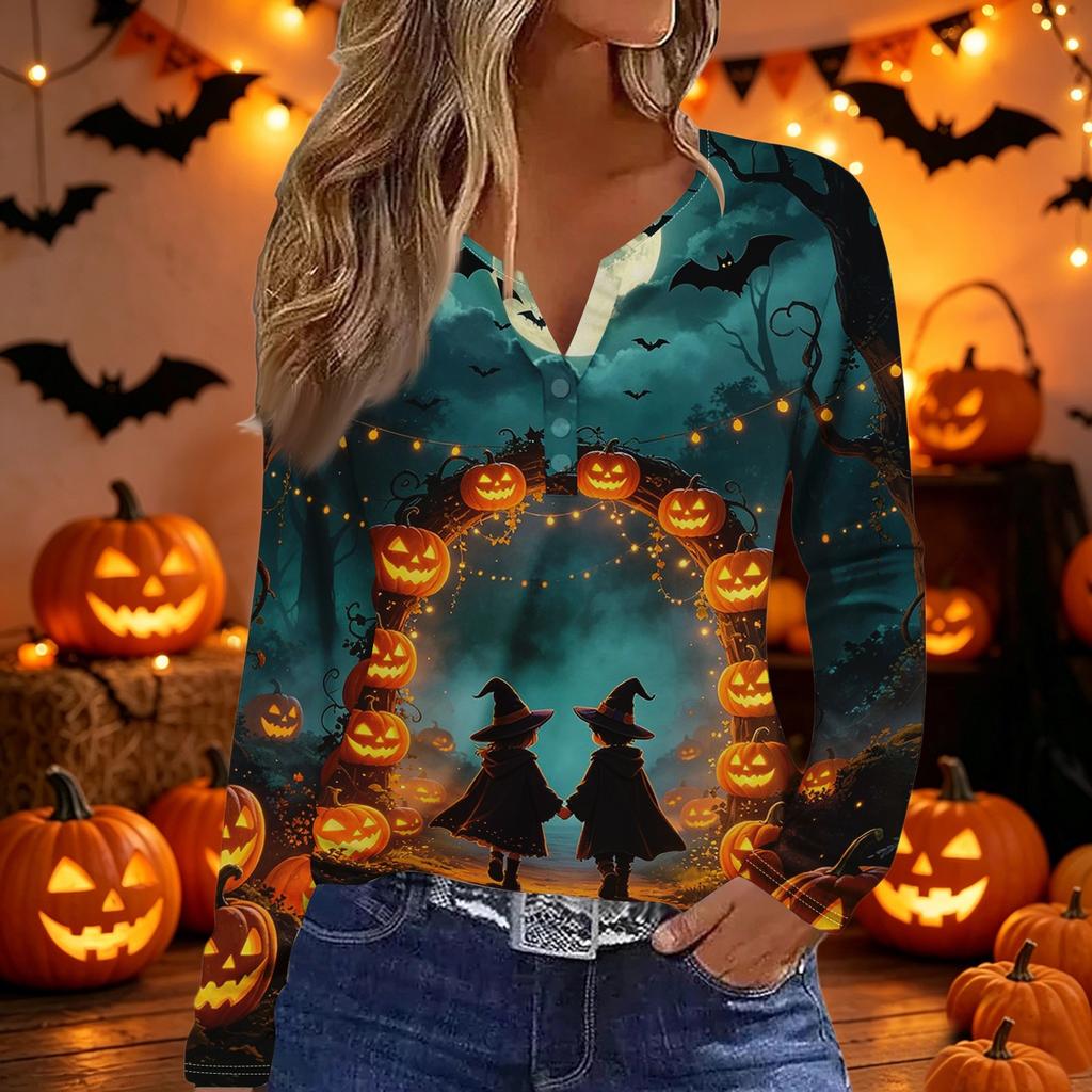 Women's Halloween Print V-Neck Long Sleeve T-Shirt with Button , Casual Fashion Top for Holiday Costume Party