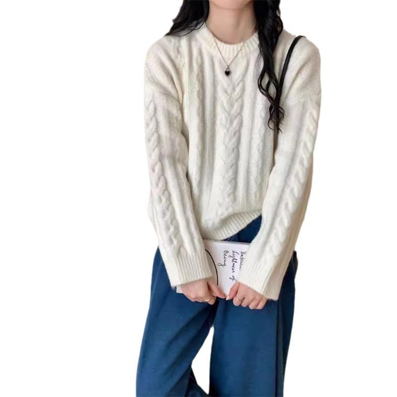 Autumn and winter new retro twist crew neck pullover sweater with women's loose and lazy casual bottoming knitted sweater
