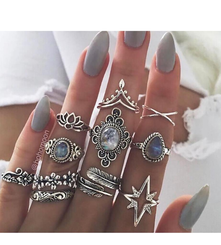 Vintage Bohemian Feather Turquoise Hollow 9 Piece Set Ring