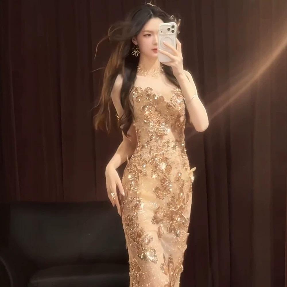 Heavy Industry Evening Dress Banquet Host Beautiful Temperament Long Gold Tube Top Toast Dress Bride Engagement Fishtail Dress