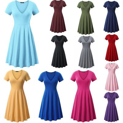 Women's Summer Midi Dress V-Neck Short Sleeve A-Line Dress Casual Ruffle Sundress Beach Dress