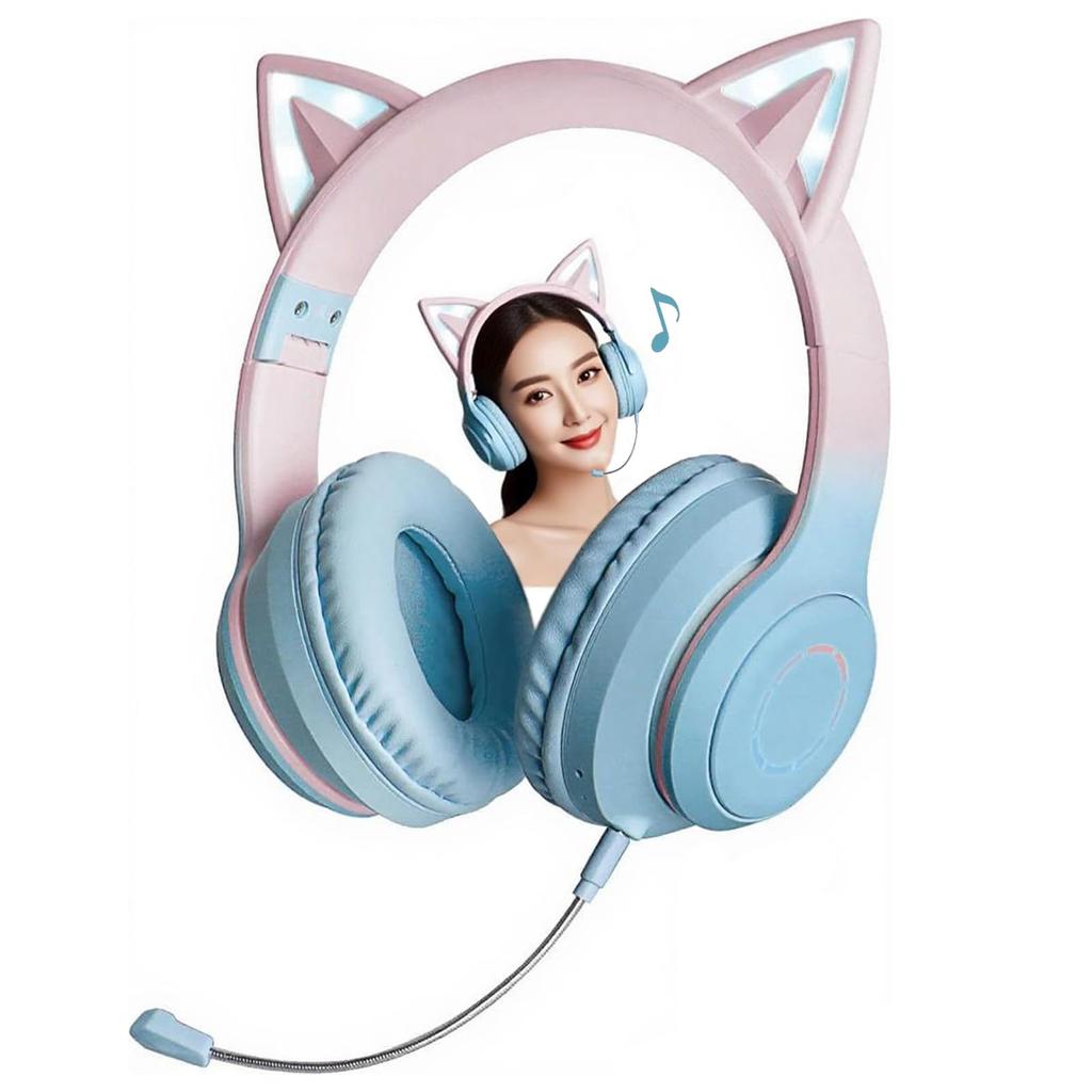 Cute, Bluetooth 5.1 Wireless Cat Ear Headphones, Over-Ear Headphones, Easy To Use, Compatible with Smartphones, iPads, PCs, TVs, and Laptops, Wired