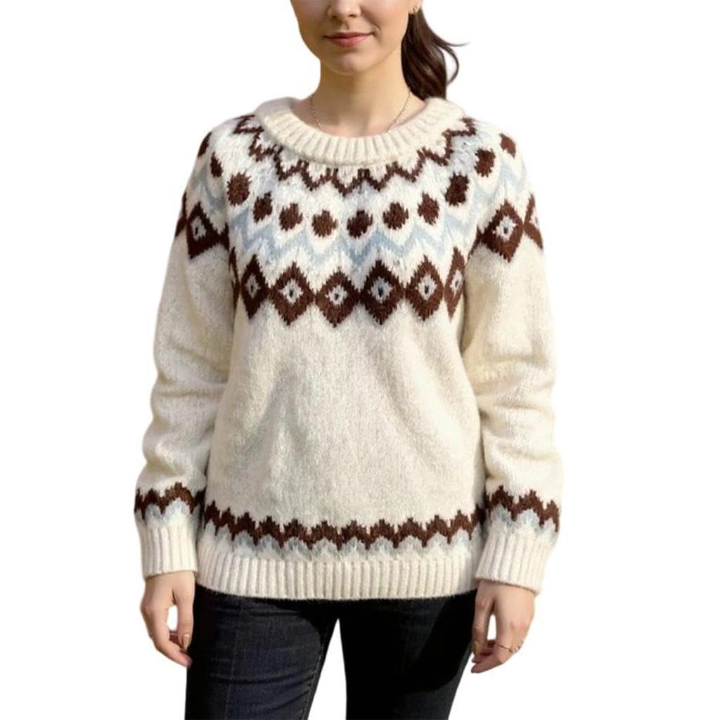 Ladies' Fashion Sweater, Round Neck,Loose Pullover Long-sleeved Knitted Sweater