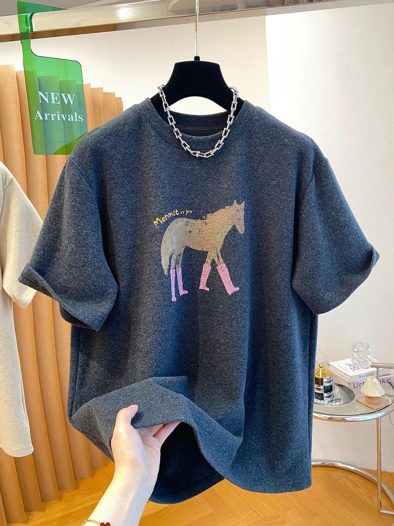 Spring Plus Size Year of the Horse Printed T-shirt - Women's Loose Short Sleeve Top