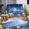 Hedendaagse Flanel Fleece Worpdeken – Digitale Print Winterscène met Besneeuwd Dorp en Maan – Zacht Warm
