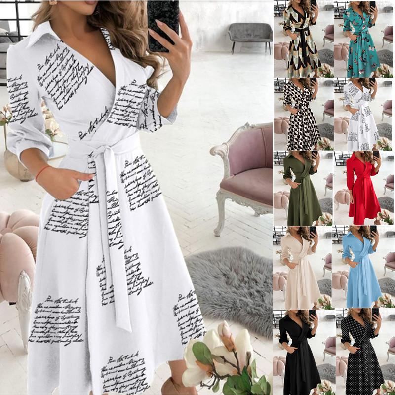 Women's Spring/Summer Fashion V-Neck Long-Sleeve Printed Hip Dress