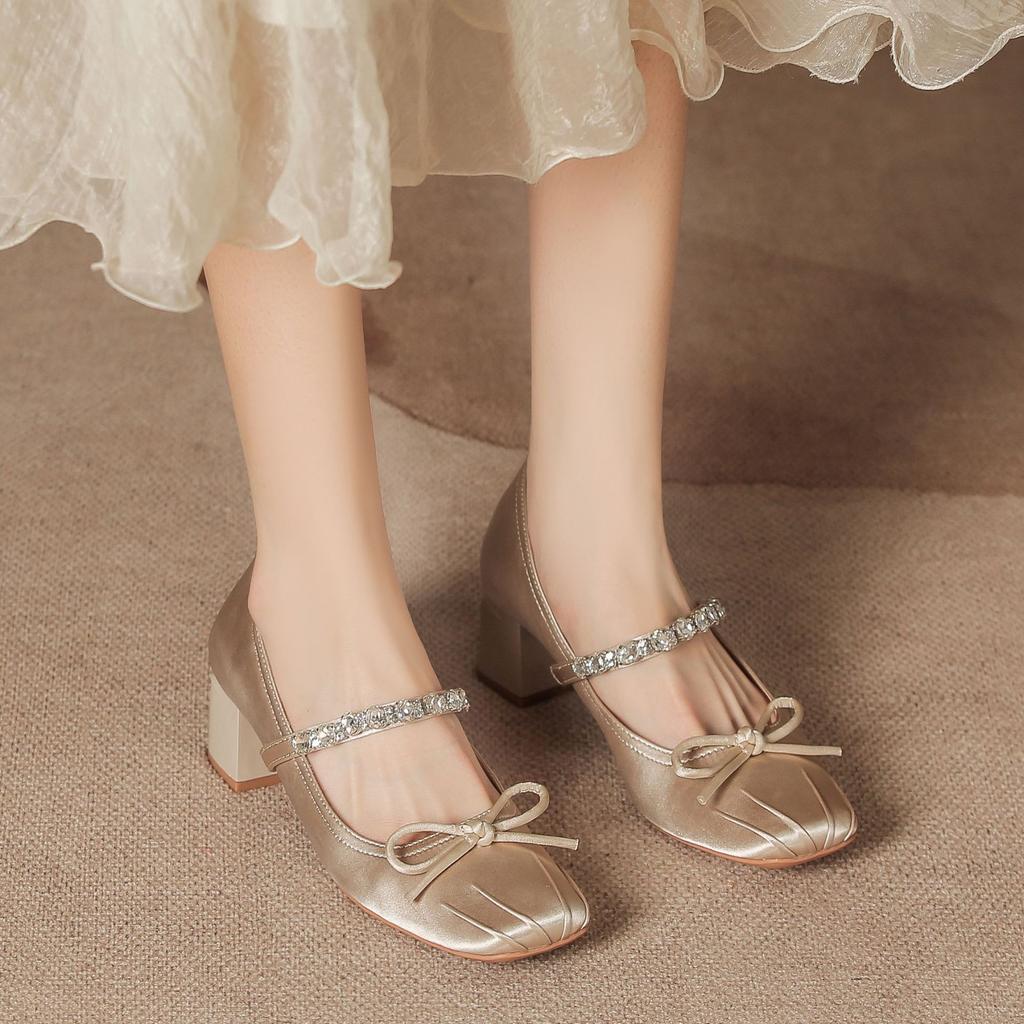 Fashion Mary Jane Shoes High Heels Women's High End Summer Thick Heels Single Shoes Square Head Bow Women's Shoes Rear Empty Sandals