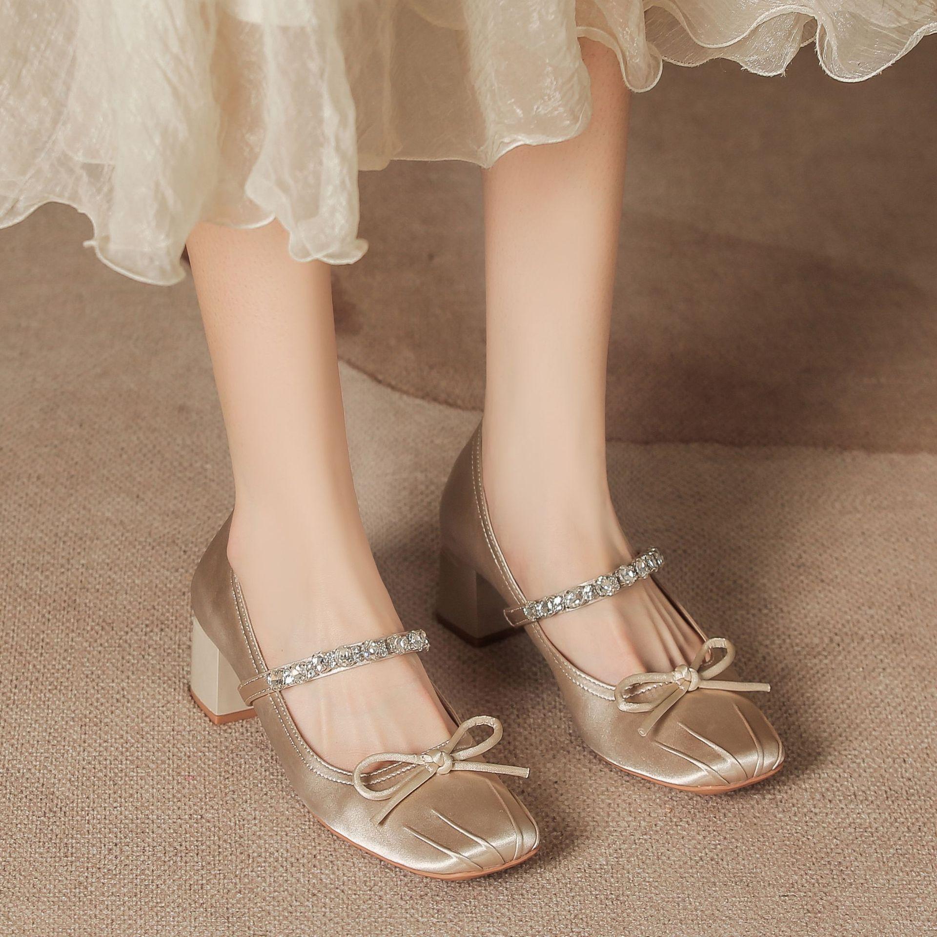 

Mary Jane Shoes High Heels Women s High End Summer Thick Heels Single Shoes Square Head Bow Women s Shoes Rear Empty Sandals 34