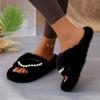 Luxury Pearl Chain Decoration Short Plush Slides Women 2025 Autumn Round Toe Low Heel Slippers Warm Faux Fur Outdoor Slippers