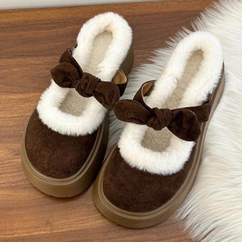 

Fluffy Women Flats Platform Slippers Bow Suede Winter Shoes Comfortable Casual Slingback Shoes 2025 New Zapatillas Mujer 35