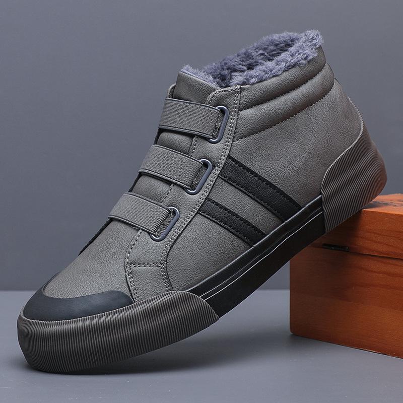 

Зимняя обувь для мужчин, кожаные ботинки, модные, теплые, плюшевые, модные, полосатые, кожаные, повседневные ботинки, уличные, противоскользящие, зимние ботинки 44 серый