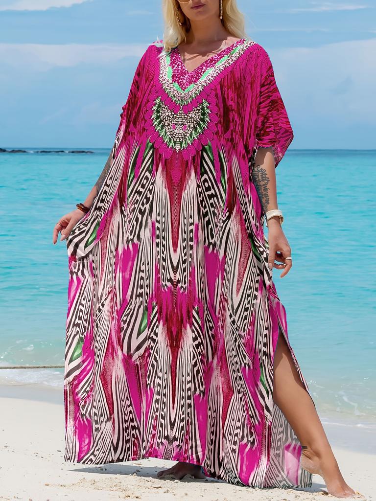 Abito turco stampato con maniche a pipistrello, tunica estiva, costumi da bagno taglie forti, copricostume per costumi da bagno da donna, abiti blu caftano