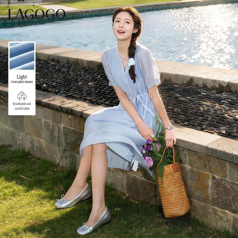 LAGOGO Linen Blend Romantic Tie-Waist Dress S