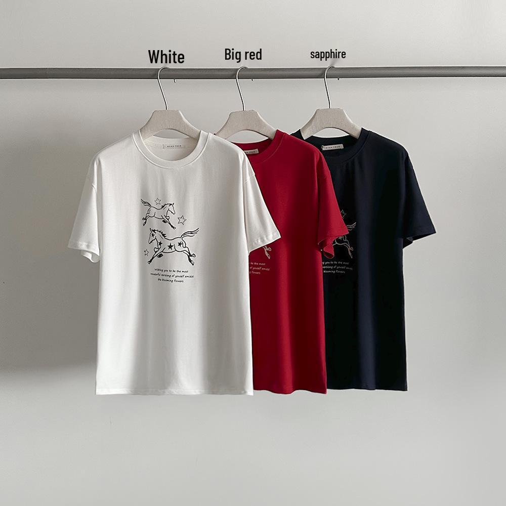 Evertrue 2025 Korean Winter Women s Pure Cotton Horse T-Shirt, Short Sleeve, Round Neck One Size красный