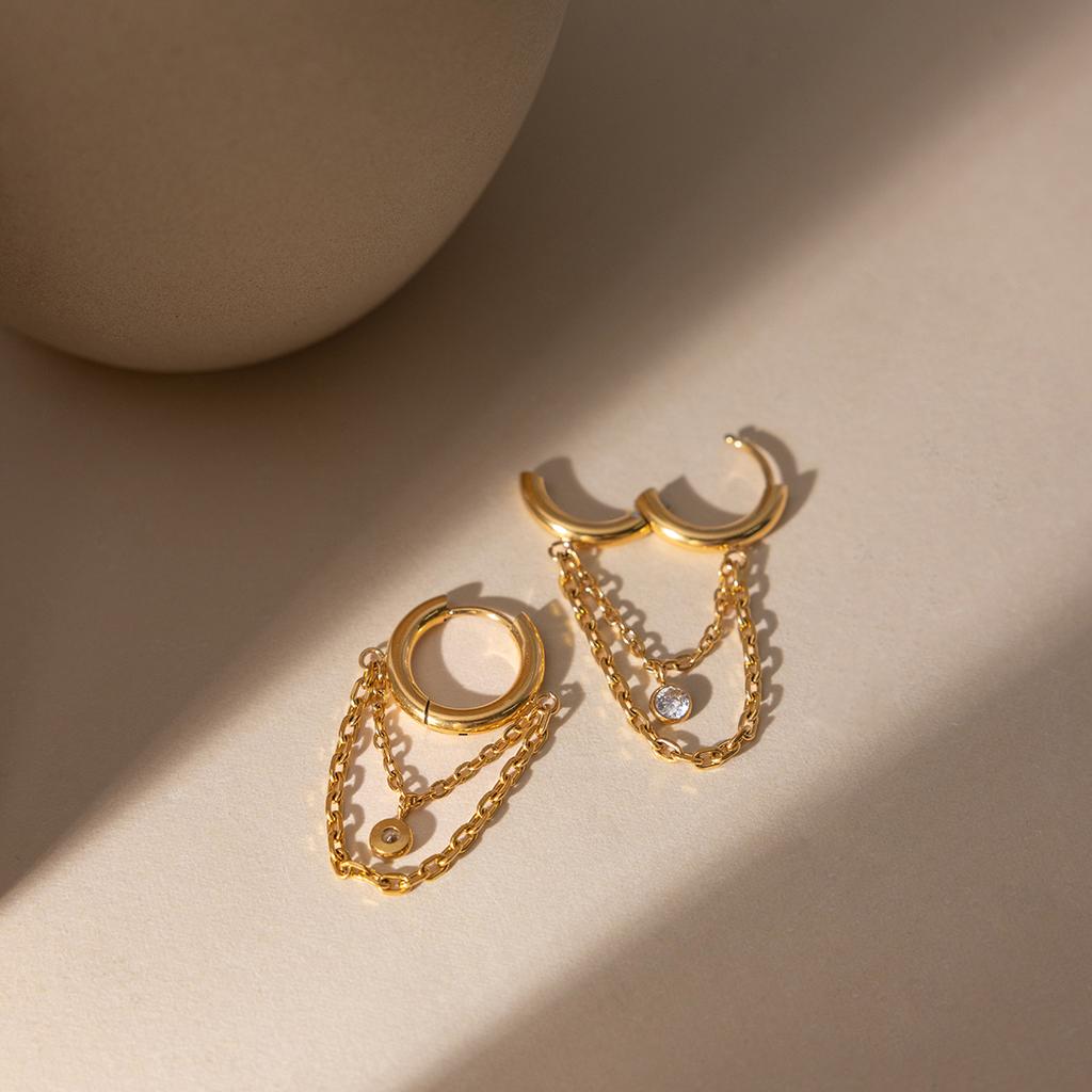 Youthway Classic Round Zircon Chains Tassel Earrings For Women Minimalist 18K Gold Plated Stainless Steel Clip Earrings Jewelry