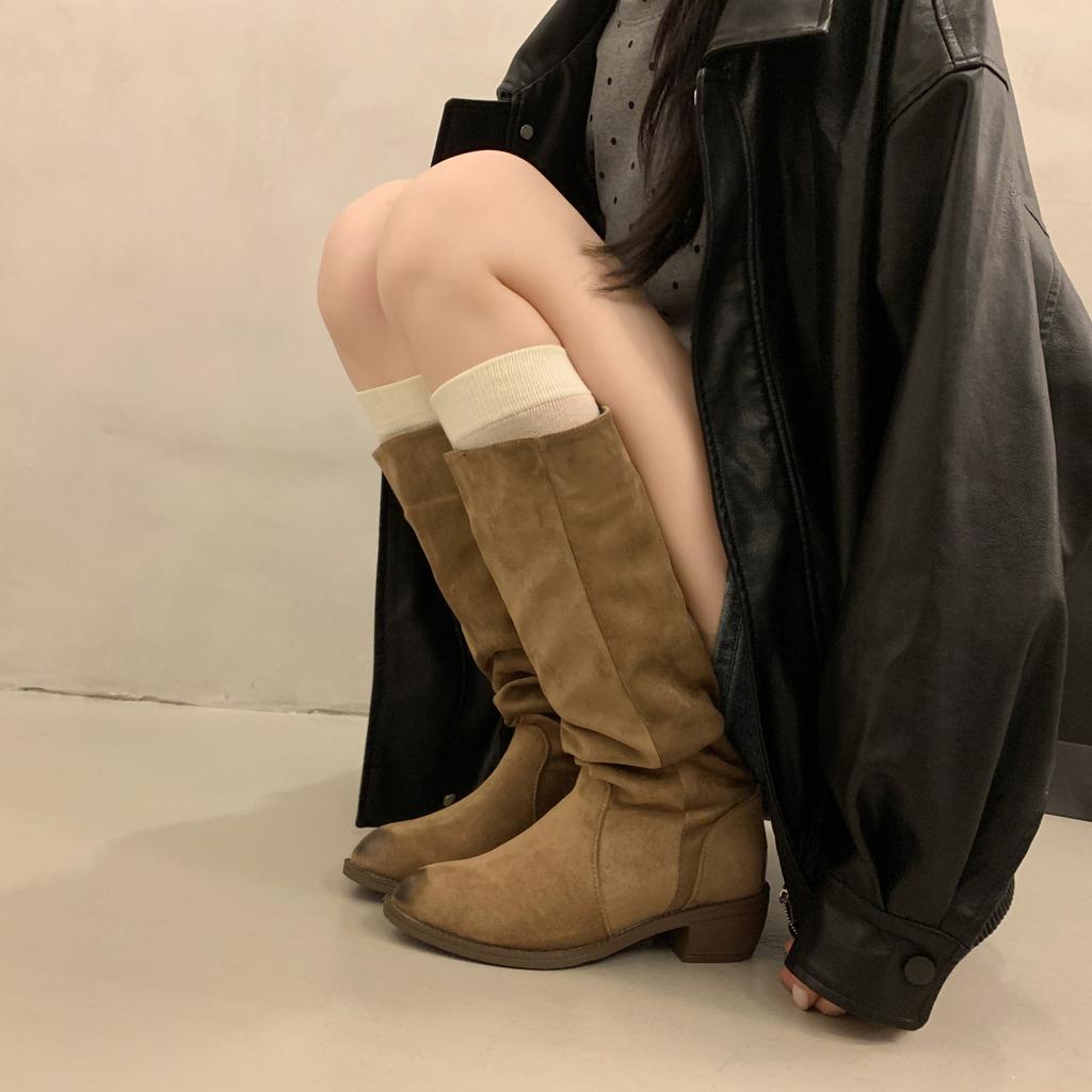 Cowhide Version Retro Fashion Brown Stacking Boots Women's Autumn New Tall Thin Boots Suede Versatile Boots